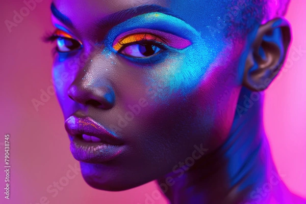 Fototapeta Headshot of a bald black woman with striking colorful makeup on purple studio background