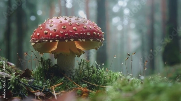 Fototapeta A single mushroom on forest floor