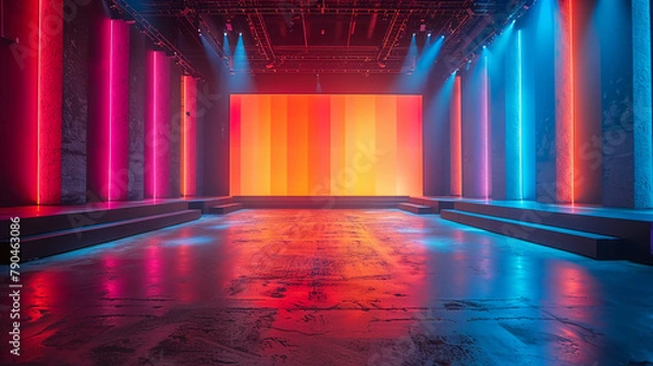 Fototapeta a big screen on a gameshow setting with yellow orange pink and blue purple color for a quiz gameshow --ar 16:9 --stylize 750
