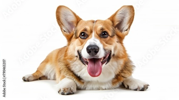 Obraz Joyful Corgi dog lying down with a beaming smile and playful attitude on white