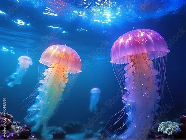 Fototapeta 美しい透明なキラキラ水面と波の下のカラフルクラゲが漂う風景壁紙