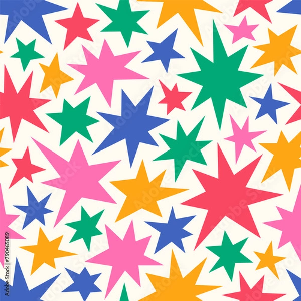 Obraz Vivid playful seamless pattern of hand drawn various colorful funny stars and sparks shapes. Cute cartoon childish texture, wrapping paper, textile design.