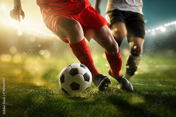 Fototapeta Soccer players dribbling struggling and kicking a ball on a field