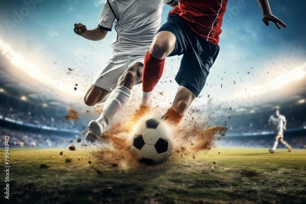 Fototapeta Soccer players dribbling struggling and kicking a ball on a field