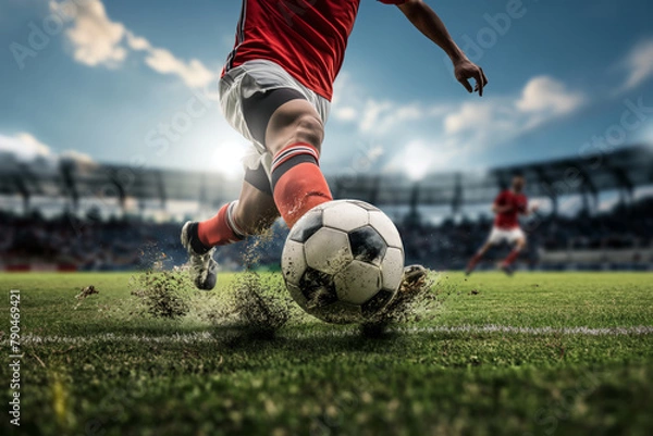 Fototapeta A soccer player dribbling and kicking a ball on a field