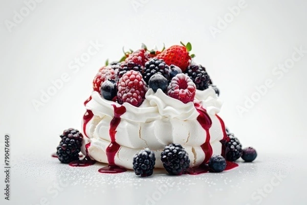 Fototapeta Pavlova cake with whipped cream and fresh berries