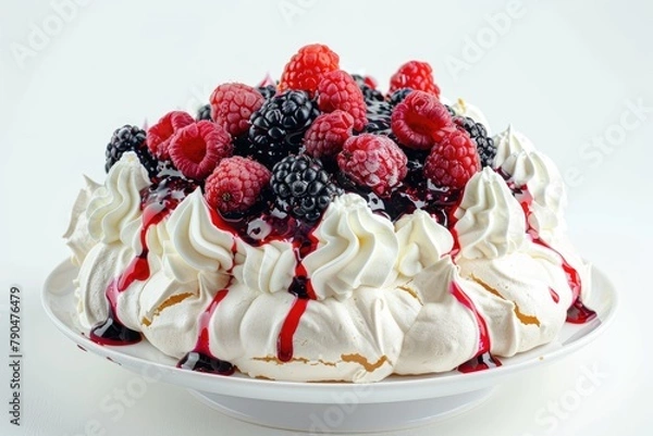 Fototapeta Pavlova cake with whipped cream and fresh berries