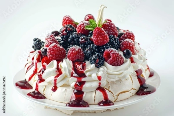 Fototapeta Pavlova cake with whipped cream and fresh berries