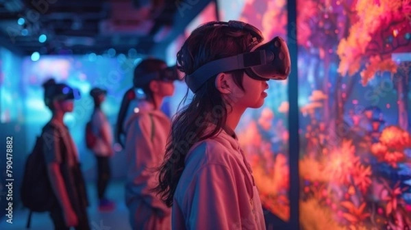Fototapeta A girl wearing a VR headset is looking at a digital aquarium.