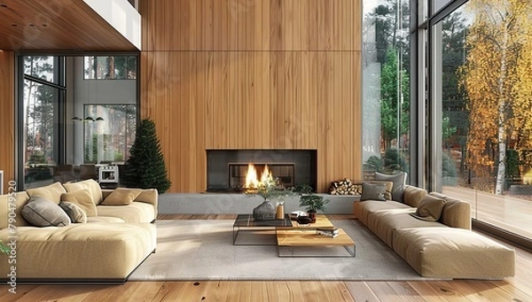 Fototapeta House near the forest featuring a modern interior with a fireplace. Presented in 3D render. Made with generative AI technology