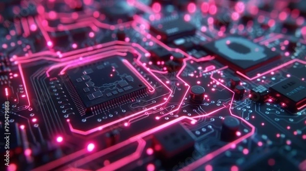 Obraz A close up of a computer circuit board with glowing pink highlights.
