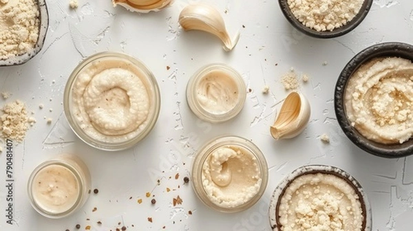 Fototapeta Top view of horseradish sauce in bowls and jars with ground horseradish on a white surface