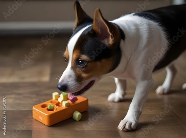 Fototapeta A toy fox terrier dog playing with an advanced challenge slider interactive treat puzzle dog toy that helps with boredom, sniffing and pawing for treats
