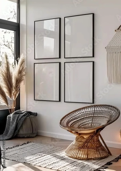 Fototapeta Mockup frame set in home interior background featuring a white room with natural wooden furniture in Scandi-Boho style. Presented in 3D render. Made with generative AI technology
