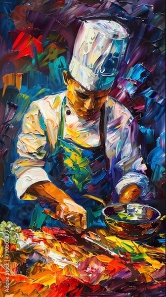 Fototapeta Capture the essence of a chefs intense focus with swirling, vibrant brush strokes in a traditional oil painting Enhance the drama with contrasting shadows and dynamic lighting for a striking Expressio