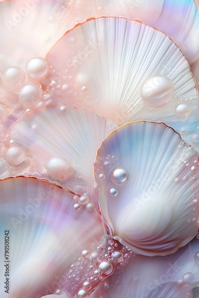 Fototapeta mother-of-pearl seashells and bubbles closeup background