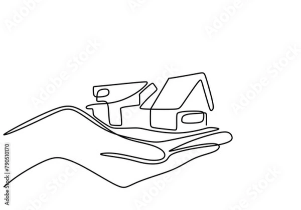 Fototapeta Continuous one line drawing of a hands holding a miniature house