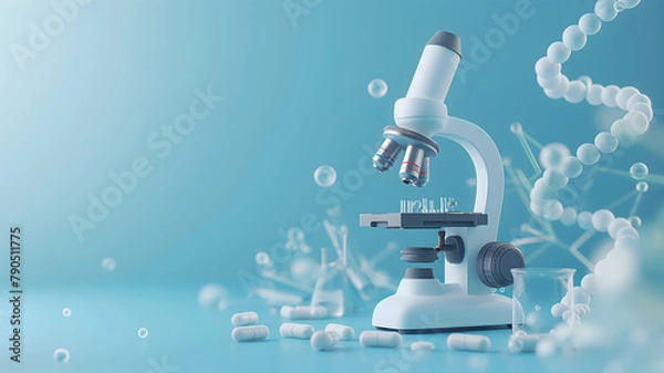 Fototapeta banner for chemistry courses, microscope and chemical elements in the laboratory on a blue background with copy space
