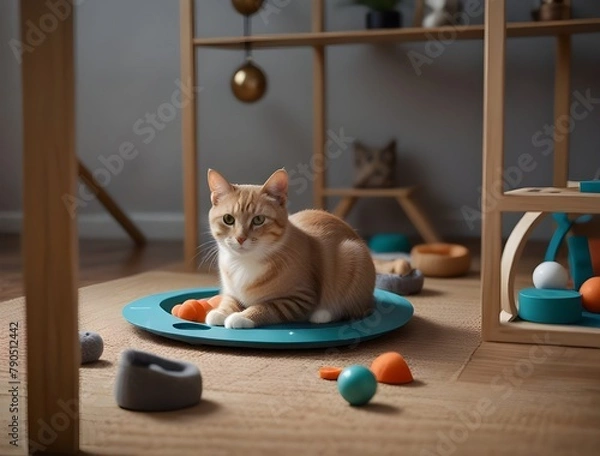 Fototapeta Generative AI, cats interactive play zone with toys, pets hotel concept
