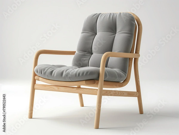 Fototapeta Scandinavian-style light wood frame armchair with a gray fabric seat