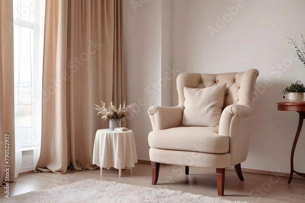 Fototapeta Front view of stylish cozy armchair in classic style. Light living room with big window on background, curtain in beige and brown colors. Room in white and beige colors.