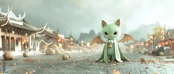 Fototapeta Playful baby demon with fluffy wings, playing hide and seek among hell town s fiery alleys