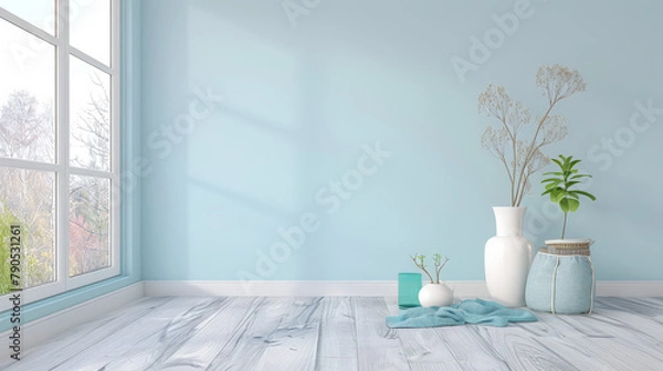 Obraz Serene interiors with natural light and modern decor. Minimalist interior design composition in light blue and neutral colors.