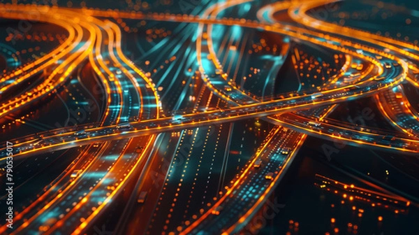 Fototapeta Luminous digital pathways forming a complex highway system, representing the intricate routes of data transfer and communication technology.