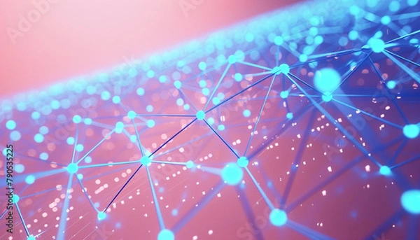 Fototapeta Neon blue dots and lines span a blush pink canvas, evoking digital beauty.