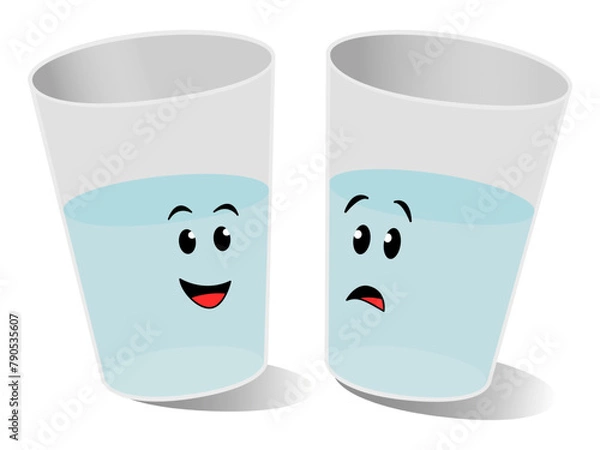 Fototapeta Two glasses shown with an equal proportion of water or liquid to represent the idiom, glass half full or glass half empty. One glass looks happy and the other unhappy to show each of state of mind