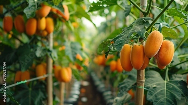 Fototapeta Exotic fruits such as papaya are grown on trees in gardens and greenhouses alongside other tropical plants, producing juicy and nutritious fruits.