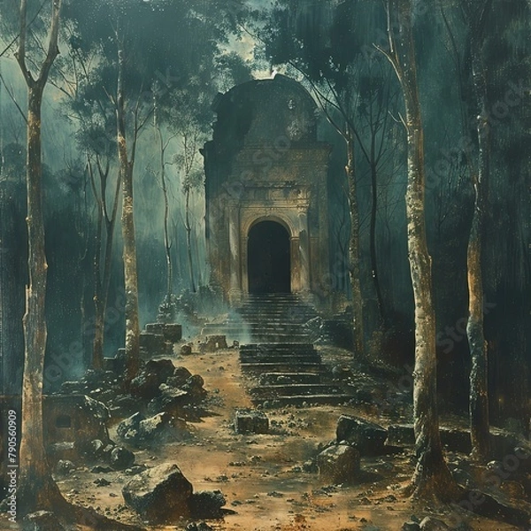 Fototapeta painting of a dark forest with a stone building in the middle