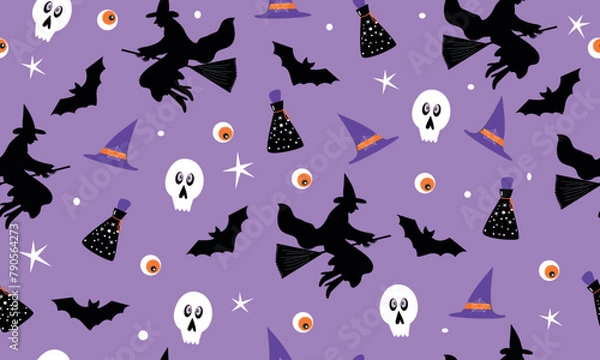 Obraz Abstract seamless halloween pattern for girls or boys. Creative vector background with witch, bat, ghost. Funny pattern for textile and fabric. Fashion halloween witch style. Colorful bright picture