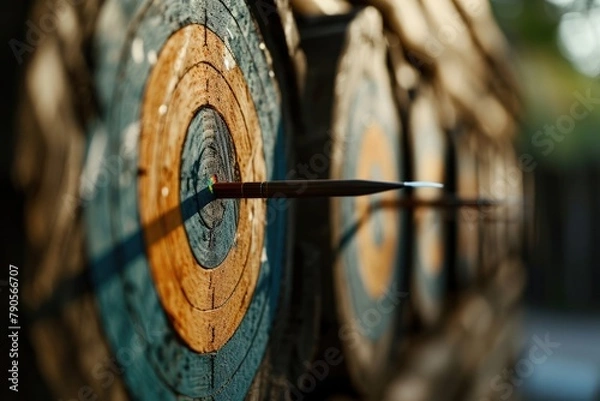 Fototapeta Archery aiming for the bull's eye,Bullseye or bull's-eye or dart board has dart arrow hitting the center of a shooting target,  Ai Generated