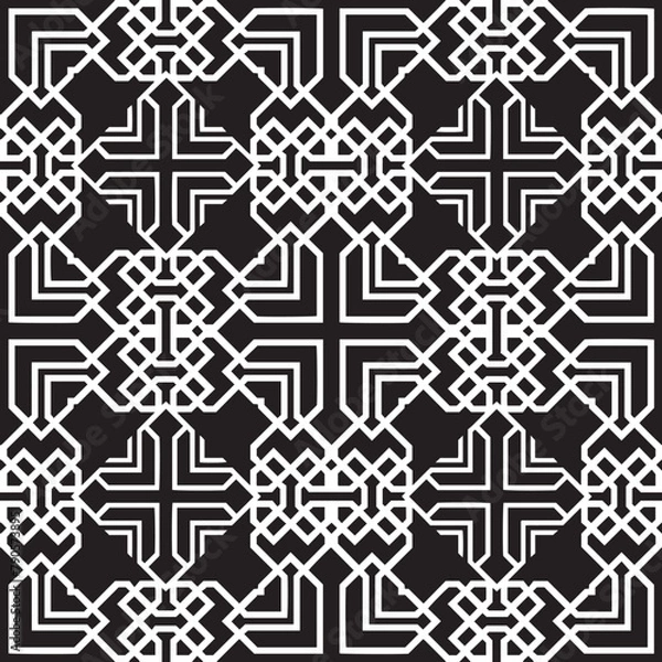 Fototapeta Vector damask seamless retro pattern background polygon geometry cross frame chain crest line. Elegant luxury black and white tone design for wallpapers, backdrops and page fill.