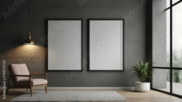 Fototapeta Single ISO A1 frame mockup, reflective glass, mockup poster on the wall of living room. Interior mockup. Apartment background. Modern interior design. 3D render
