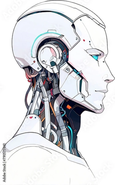 Fototapeta Anime Robotics and AI light blue color, Robot face and Brain create by electrical and quantum computer.. Machine Learning Artificial intelligence,. Humanoid head. Future concept. Male android face. 