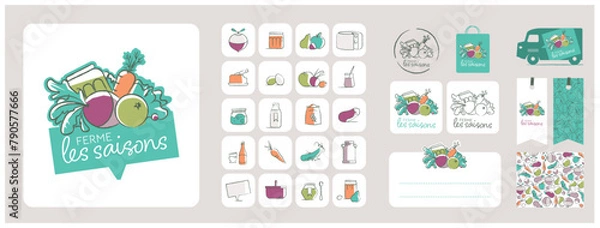 Obraz éléments graphiques pour épicerie, vente de fruits et légumes en direct, à la ferme, circuit court, local, marché, camion, locavore, maraîcher, charte graphique, logotype, identité visuelle, étiquette