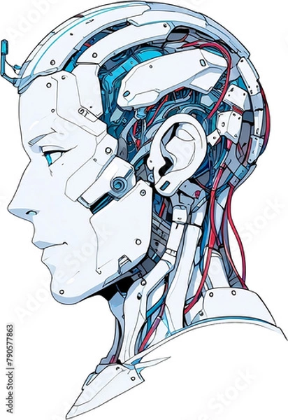 Fototapeta Anime Robotics and AI light blue color, Robot face and Brain create by electrical and quantum computer.. Machine Learning Artificial intelligence,. Humanoid head. Future concept. Male android face. 