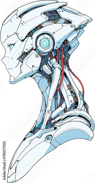 Fototapeta Anime Robotics and AI light blue color, Robot face and Brain create by electrical and quantum computer.. Machine Learning Artificial intelligence,. Humanoid head. Future concept. Female android face. 