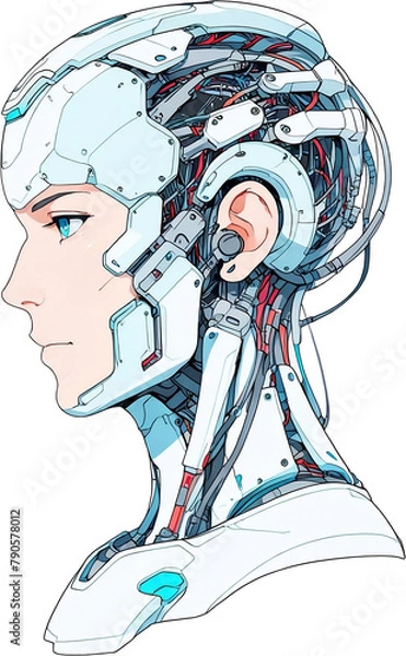 Fototapeta Anime Robotics and AI light blue color, Robot face and Brain create by electrical and quantum computer.. Machine Learning Artificial intelligence,. Humanoid head. Future concept. Male android face. 