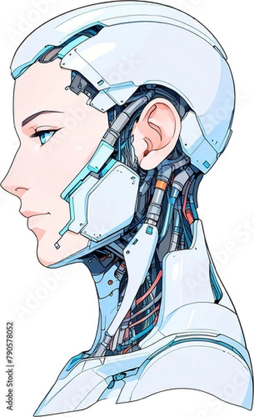 Fototapeta Anime Robotics and AI light blue color, Robot face and Brain create by electrical and quantum computer.. Machine Learning Artificial intelligence,. Humanoid head. Future concept. Male android face. 