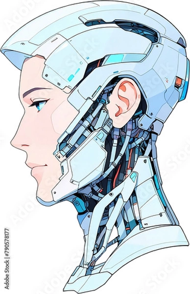Fototapeta Anime Robotics and AI light blue color, Robot face and Brain create by electrical and quantum computer.. Machine Learning Artificial intelligence,. Humanoid head. Future concept. Male android face. 