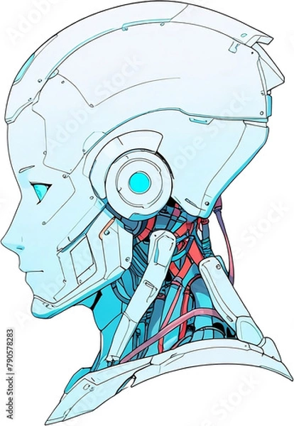 Fototapeta Anime Robotics and AI light blue color, Robot face and Brain create by electrical and quantum computer.. Machine Learning Artificial intelligence,. Humanoid head. Future concept. Female android face. 