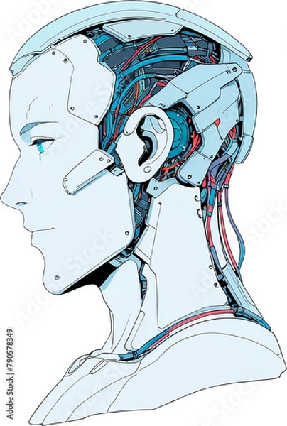 Fototapeta Anime Robotics and AI light blue color, Robot face and Brain create by electrical and quantum computer.. Machine Learning Artificial intelligence,. Humanoid head. Future concept. Male android face. 