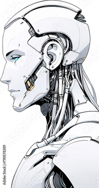 Fototapeta Anime Robotics and AI light blue color, Robot face and Brain create by electrical and quantum computer.. Machine Learning Artificial intelligence,. Humanoid head. Future concept. Male android face. 