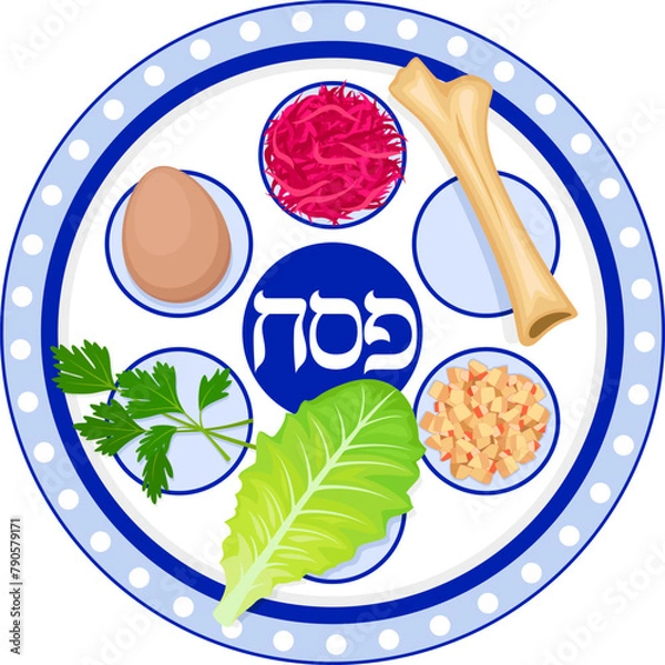 Fototapeta Vector illustration of a traditional Passover Seder plate and ceremonial foods.