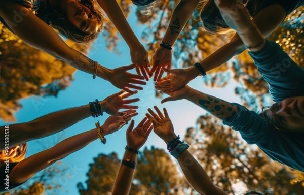 Fototapeta Community life style concept with Multi ethnic group of young people guys and girls hugging together holding hands outdoors - Unity, support and collaboration concept