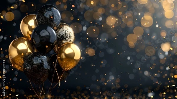 Fototapeta A sophisticated trio of black and gold balloons rises amidst a flurry of golden confetti, set against a dark, textured background for a luxurious celebration theme