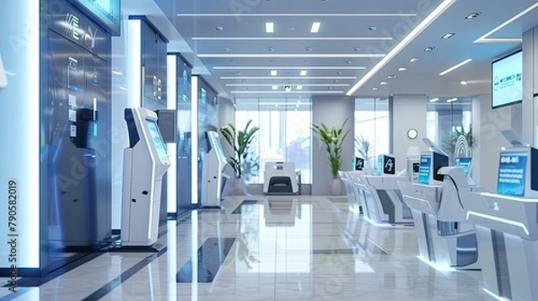 Obraz Modern bank interior with digital kiosks and robotic assistants